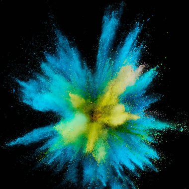 Renkli barut patlaması. Arka planda soyut yakın çekim tozu. Renkli bir patlama. Boya deliği