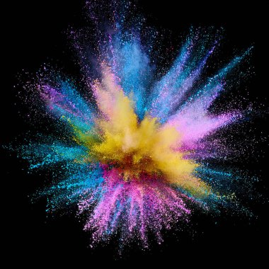 Renkli barut patlaması. Arka planda soyut yakın çekim tozu. Renkli bir patlama. Boya deliği