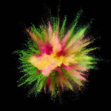 Renkli barut patlaması. Arka planda soyut yakın çekim tozu. Renkli bir patlama. Boya deliği