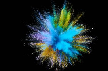 Renkli barut patlaması. Arka planda soyut yakın çekim tozu. Renkli bir patlama. Boya deliği
