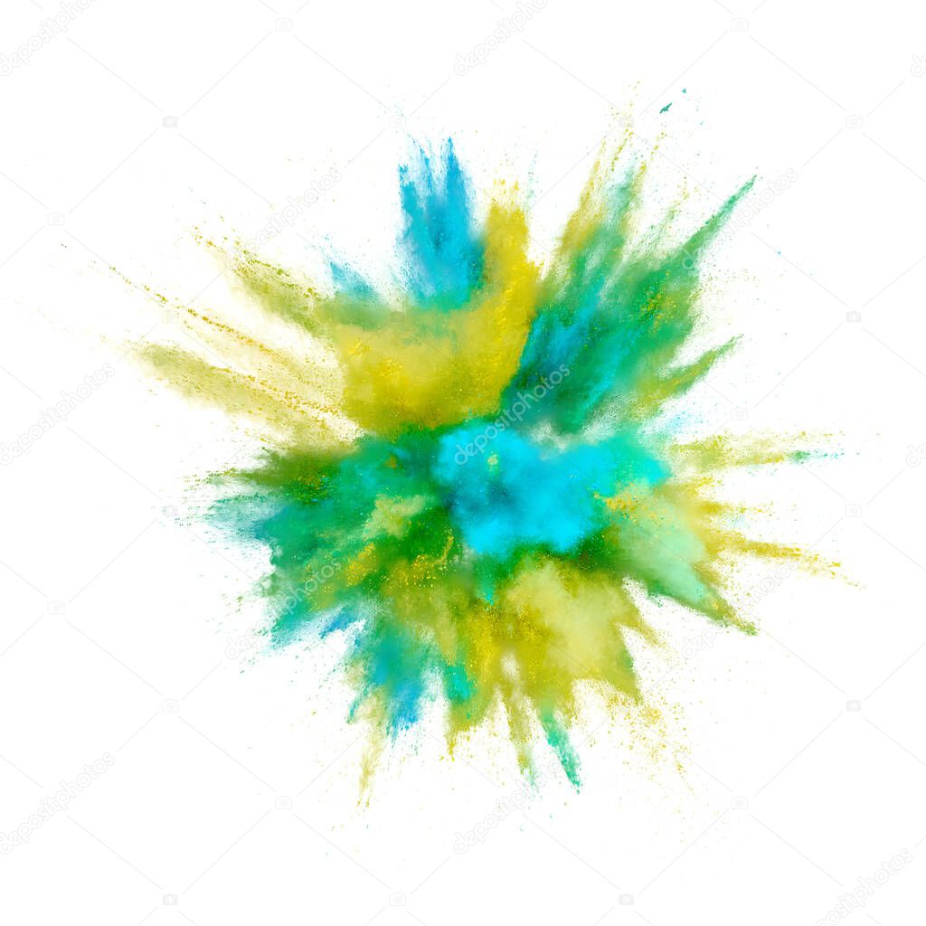 Colored powder explosion. Abstract closeup dust on backdrop. Colorful explode. Paint holi