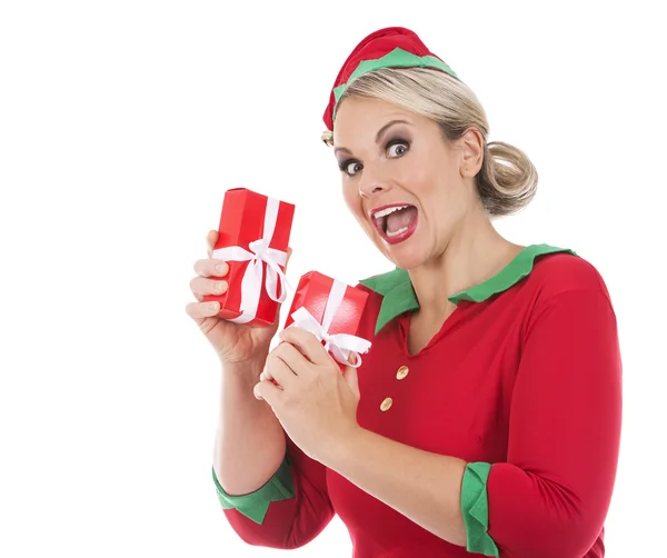 Rubia elfo hembra holding regalos —  Fotos de Stock