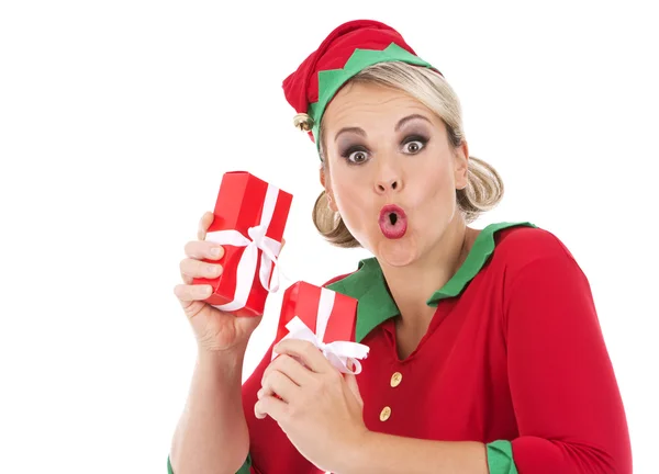 Blond elf female holding presents — Stock Photo, Image