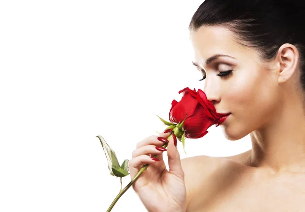 Romantic woman holding red rose on white background — Stock Photo, Image