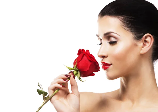 Romantic woman holding red rose on white background — Stock Photo, Image