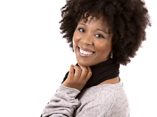 Black casual woman on white background — Stock Photo, Image