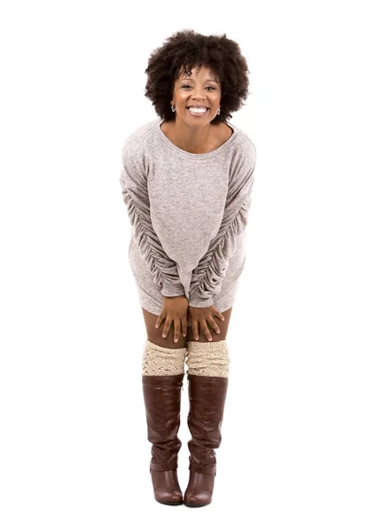 Black casual woman on white background — Stock Photo, Image