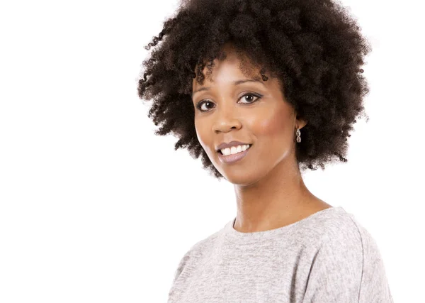 Black casual woman on white background — Stock Photo, Image