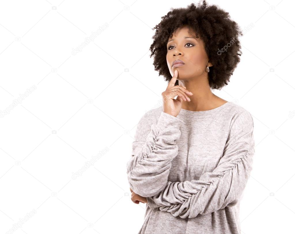 depressed black casual woman on white background