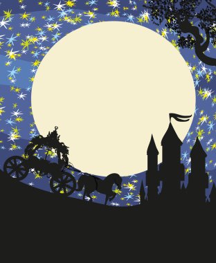 At arabasının silueti ve ortaçağ şatosu. 