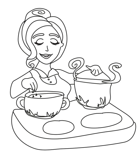 Housewife cooking soup doodle — Stock Vector