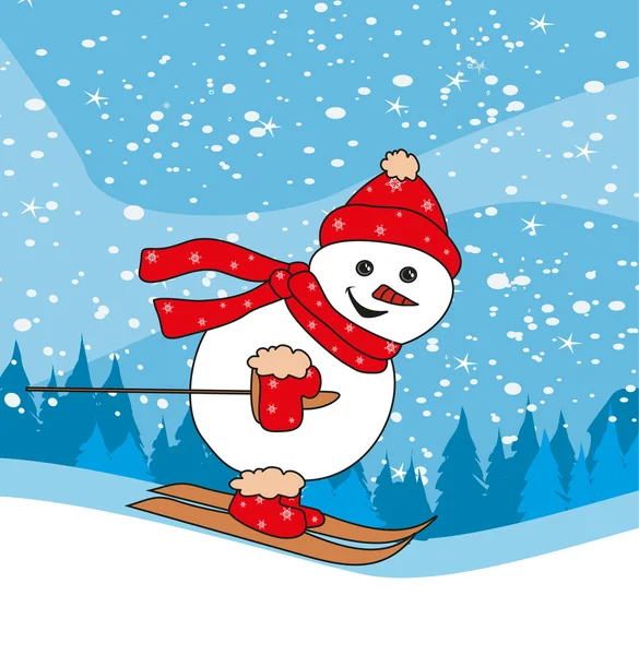 Christmas cartoon character, skiing snowman — Stock Vector