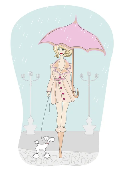 雨の中で彼女の犬と歩いている少女 — ストックベクタ