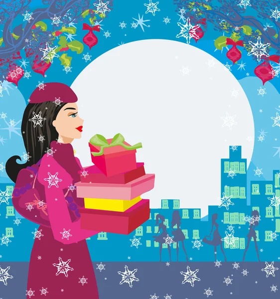Christmas shopping on a snowy night — Stock Vector