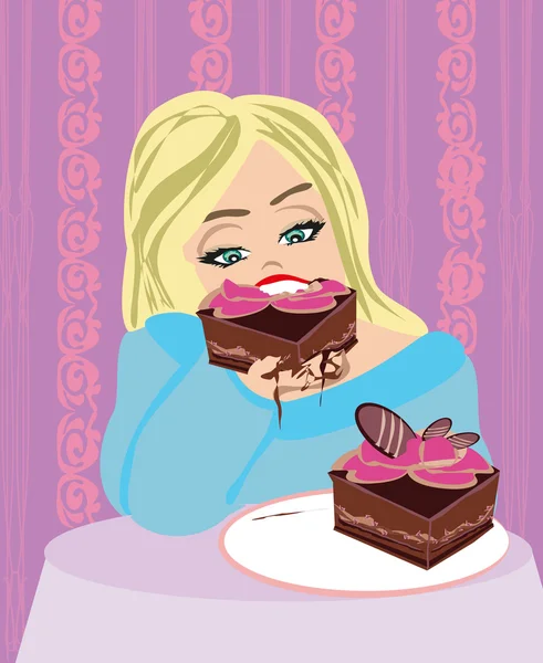 Hungry gluttonous woman eating pie — Stock Vector