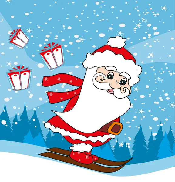 クリスマスの漫画のキャラクター、スキーのサンタ クロース — ストックベクタ