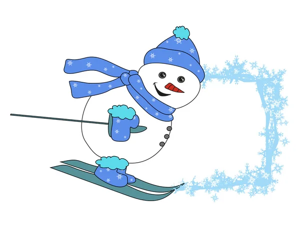 Marco del personaje de dibujos animados de Navidad - muñeco de nieve de esquí — Vector de stock