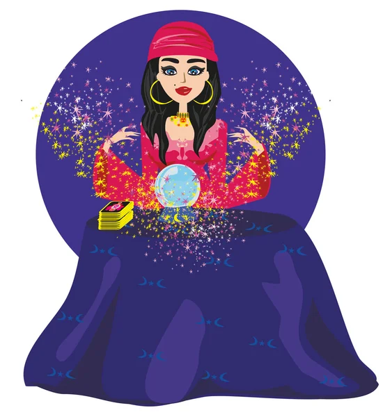 Fortune teller vrouw het lezen van de toekomst op magische kristallen bal — Stockvector