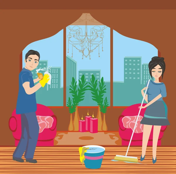 Casal limpeza em casa — Vetor de Stock