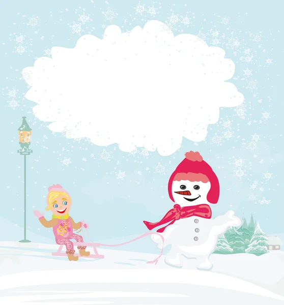 Zimní dívka s sáně a okouzlující sněhulák — Stockový vektor
