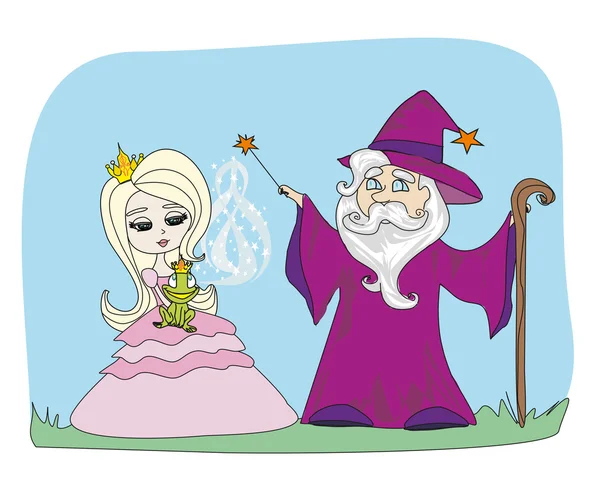 Ilustración de dibujos animados de Fantasy Wizard con varita mágica — Vector de stock