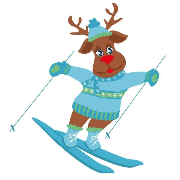 クリスマス漫画のキャラクター - トナカイをスキー — ストックベクタ