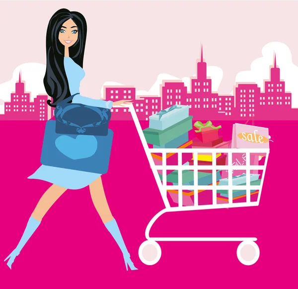 Kadın iterek alışveriş kartı — Stok Vektör