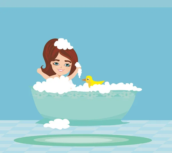 Bebé chica tomando baño y jugando — Archivo Imágenes Vectoriales