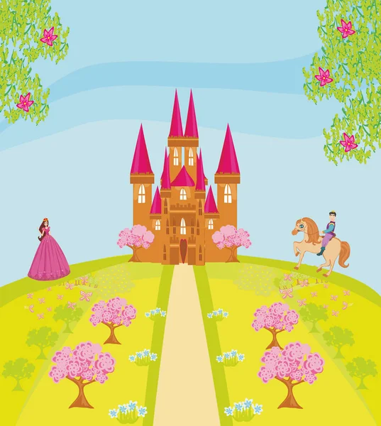 骑士和公主现场与城堡 — 图库矢量图片