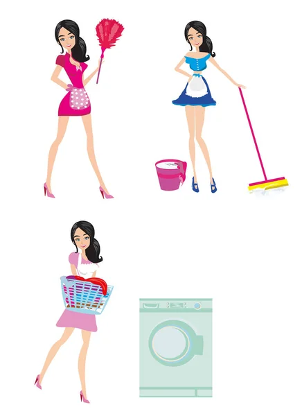 Sexy pinup style french maid at work - Set — Stock Vector