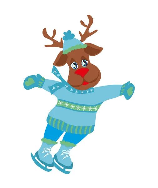 Renna natalizia con pattini a sciarpa sul ghiaccio - illustrazione isolata — Vettoriale Stock