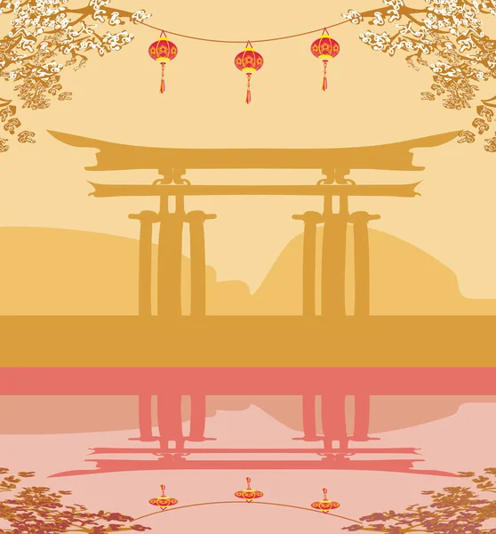Abstrakcyjna kartka z azjatyckimi budynkami i kwiatami wiśni — Wektor stockowy