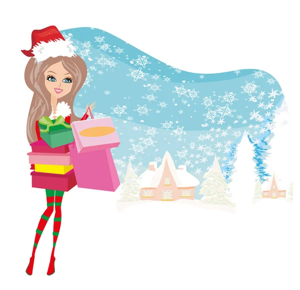 Chica de invierno con caja de regalo — Vector de stock