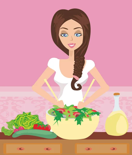 Γυναίκα υγιές μαγείρεμα με σαλάτα μπολ στην κουζίνα — Διανυσματικό Αρχείο