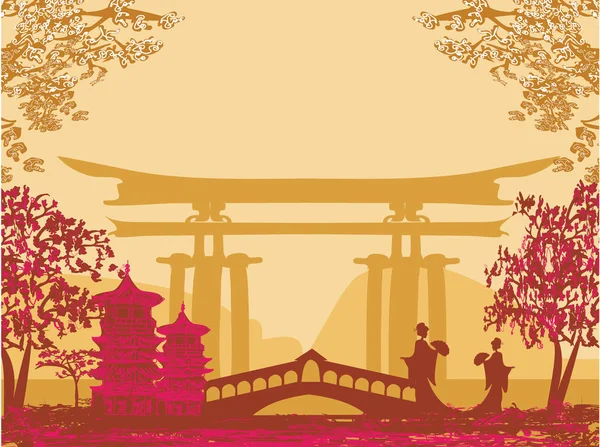 Silhouette Geisha au coucher du soleil — Image vectorielle