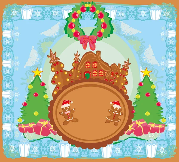 Christmas card with a ginger-bread and funny landscape — Stock Vector
