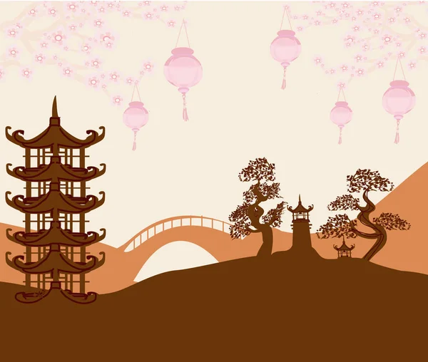 Asian buildings and cherry blossoms — Stock Vector