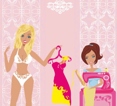 Dikiş makinesi ve zarif bir müşterisi olan kız 