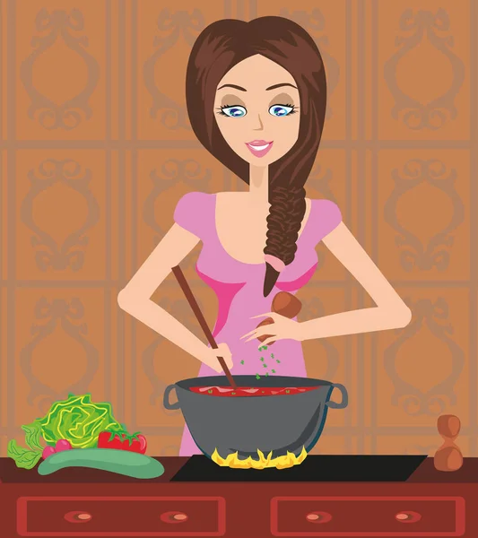 Beautiful lady cooking soup — Stock Vector