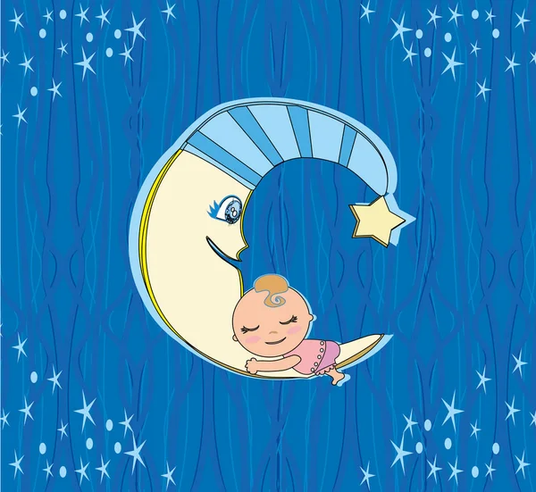 Carino bambina dormire sulla luna — Vettoriale Stock