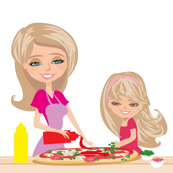 Madre con hija preparando pizzas — Vector de stock