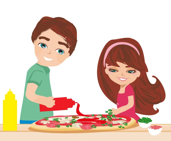 Szczęśliwe dzieci Przygotuj pizzę — Wektor stockowy
