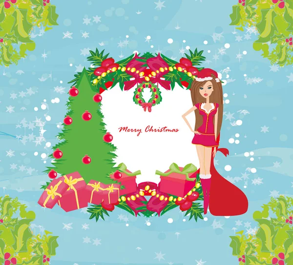 クリスマスの美しいピンナップ ガール クリスマス グリーティング カード — ストックベクタ