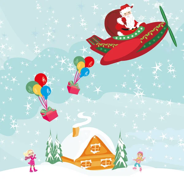 Frohes neues Jahr Karte mit Weihnachtsmann wirft Geschenke — Stockvektor