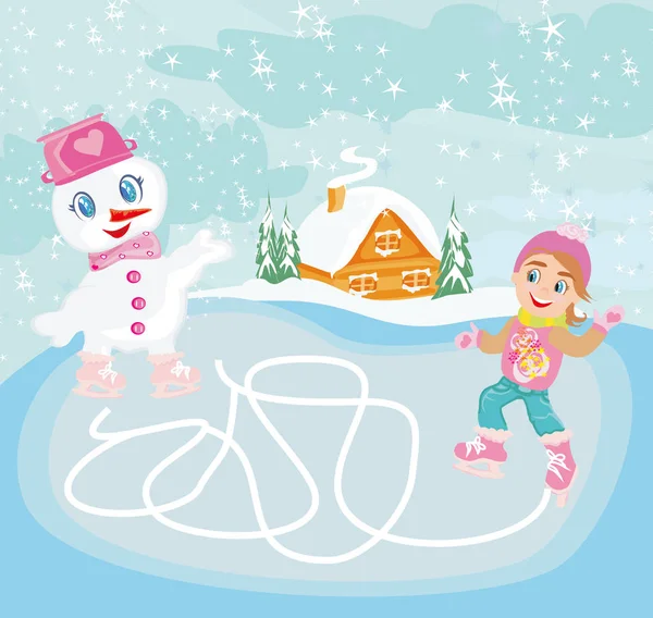 Patinaje sobre hielo en el día de invierno - Laberinto juego para niños — Vector de stock