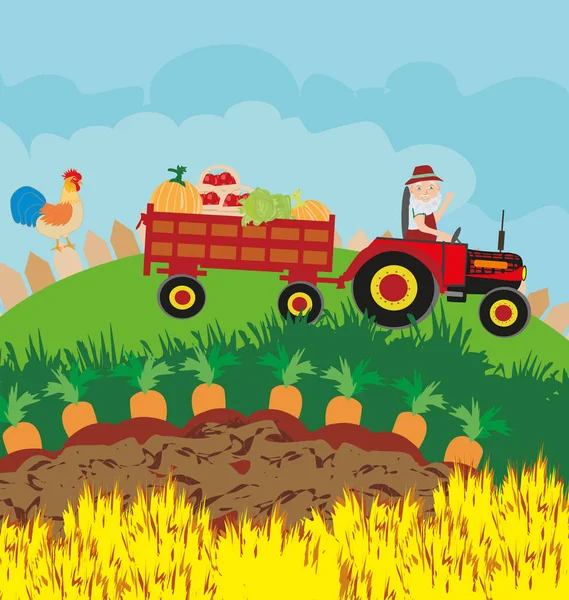 Agriculteur au travail avec son tracteur . — Image vectorielle