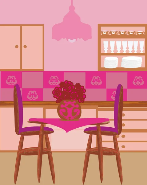 Sala de cozinha interior em tons marrom e rosa . — Vetor de Stock