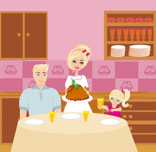 Familia feliz y cena en casa — Vector de stock