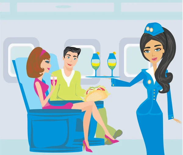 Stewardessa, napoje w płaszczyźnie — Wektor stockowy
