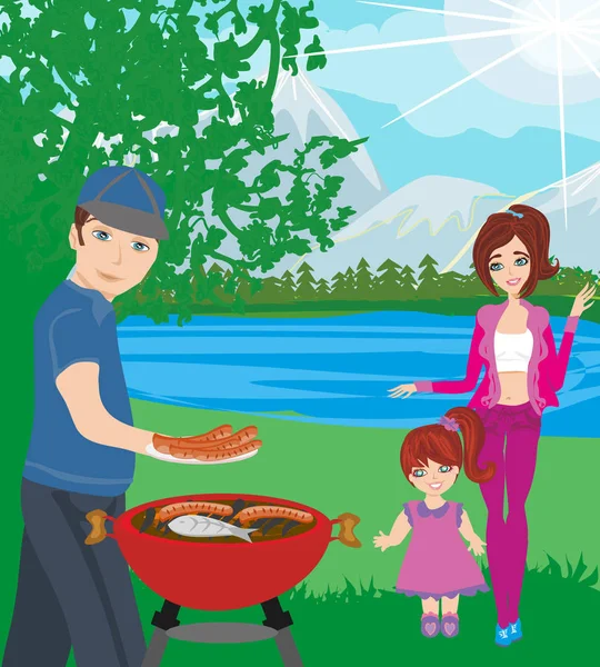 Family picnic. Bbq party — Stock Vector